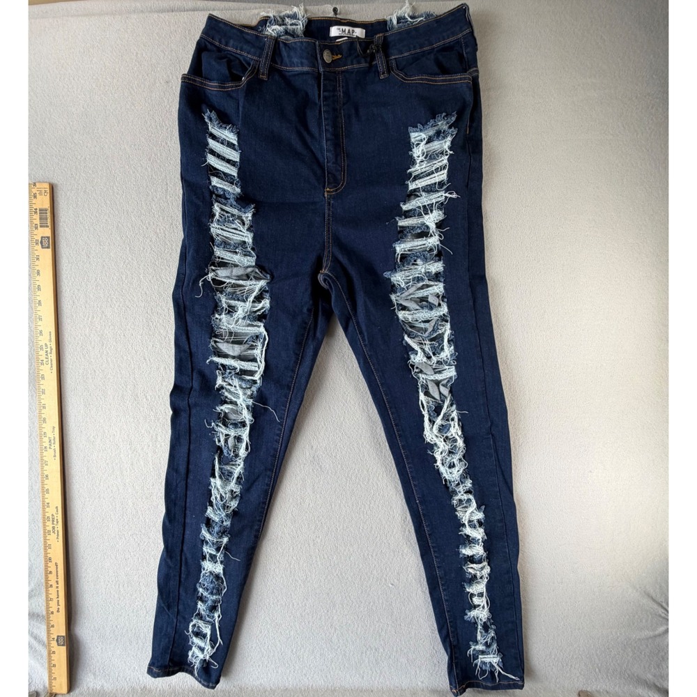 Distressed Skinny Jeans Womens W34 Blue High Rise Ripped Y2K Streetwear MAP NWT